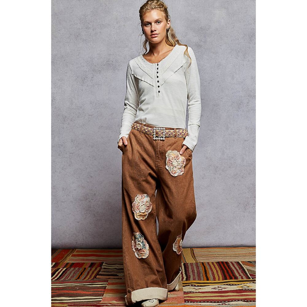 POL Half Button Lace Detail Long Sleeves Crew Neck Casual Rib Knit Top | Ivory - Picture 6 of 6